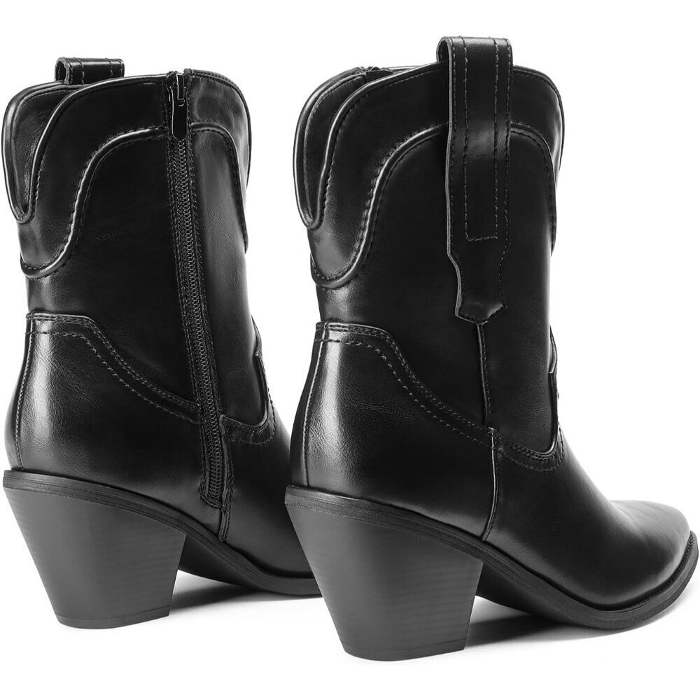 🆕Women's Black Faux Leather Cowboy Ankle Boots Chunky Heel Pointed Toe - Picture 3 of 7